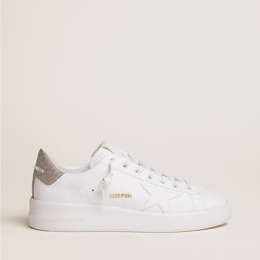 Golden Goose White Low-Top Sneakers with Silver Heel Accent